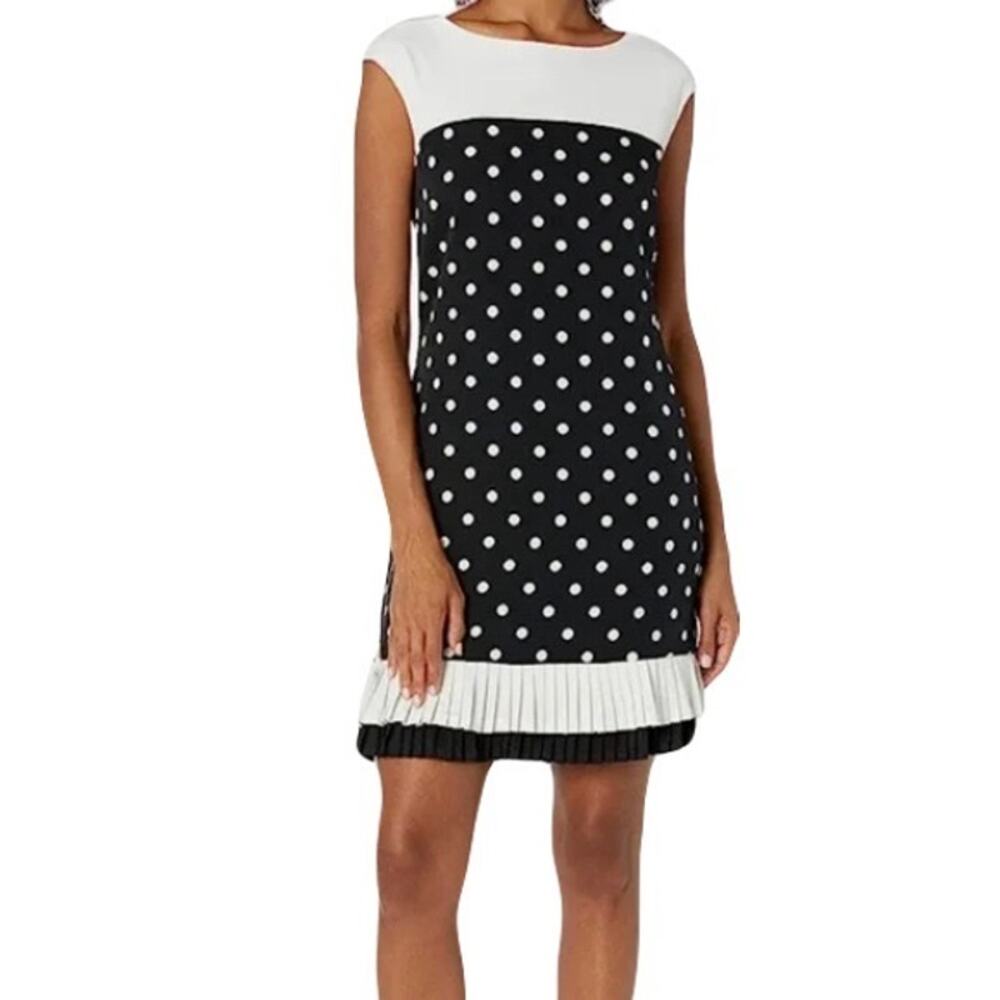 NWOT STUDIO ONE Dress 2P Polkadot Pleated Tiered Stretchy Knee Black White